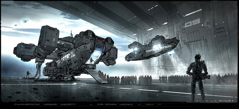 Illustration for article titled Breathtaking Concept Art of Elysium's Spaceship Hangar and Robot Deck